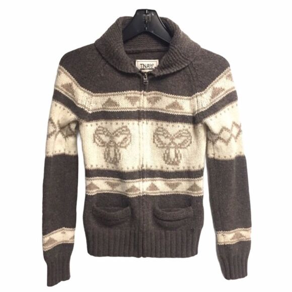 Aritzia Sea To Sky Cowichan Wool Chunky Knit Zip Front Cardigan Sweater Brown S - Picture 1 of 6